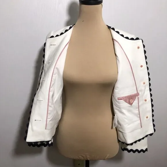J Crew Linen Jacket Womens 2 White Blue Blazer Ric Rac Trim Career Office - Picture 3 of 15